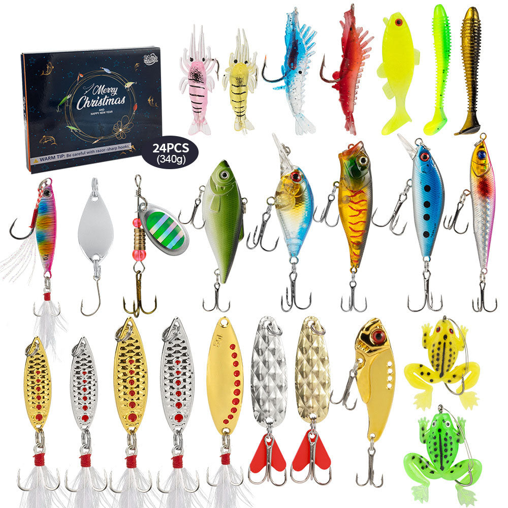 24-piece fishing lure assortment with varied colors and hooks, shown laid out