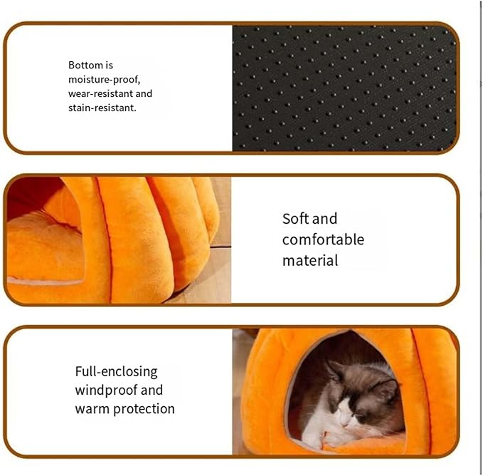 Orange pet cave bed with textured underside and plush, enclosed interior