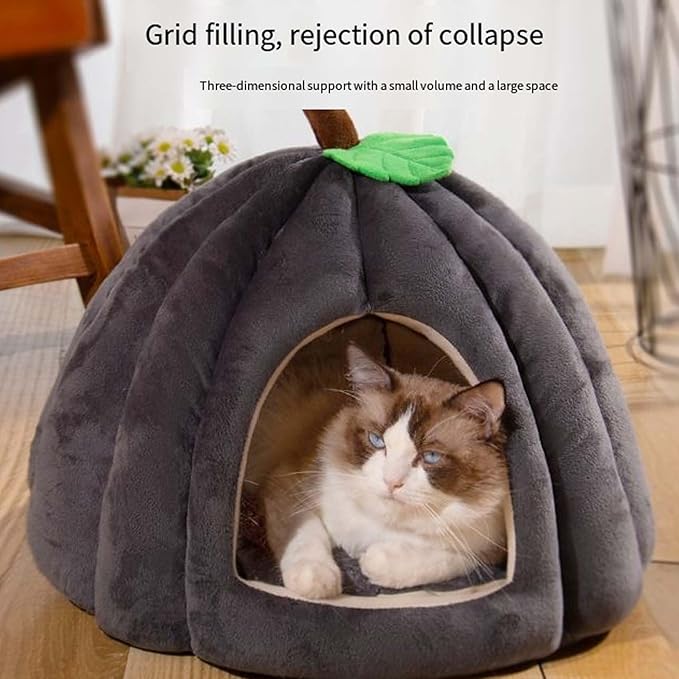 Dark gray pumpkin pet cave bed with green leaf topper and triangular front opening