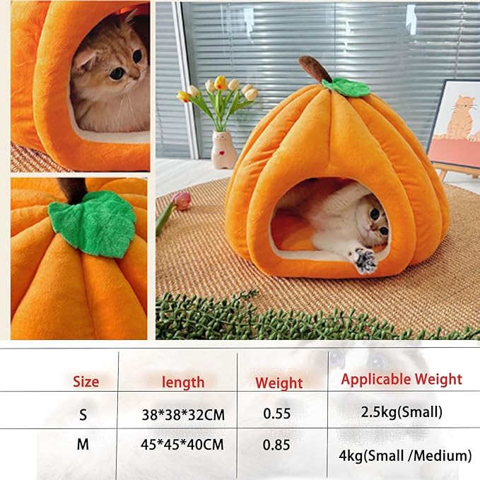 Orange pumpkin cat cave bed with green leaf topper, front tunnel opening, cat inside