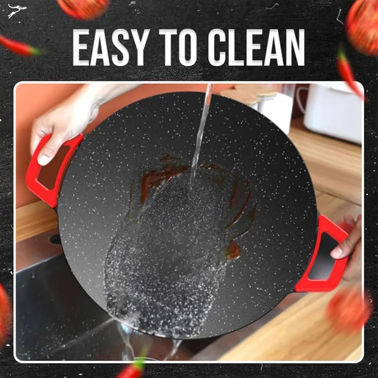 Round electric non-stick heating tray with red handles and dark speckled cooktop