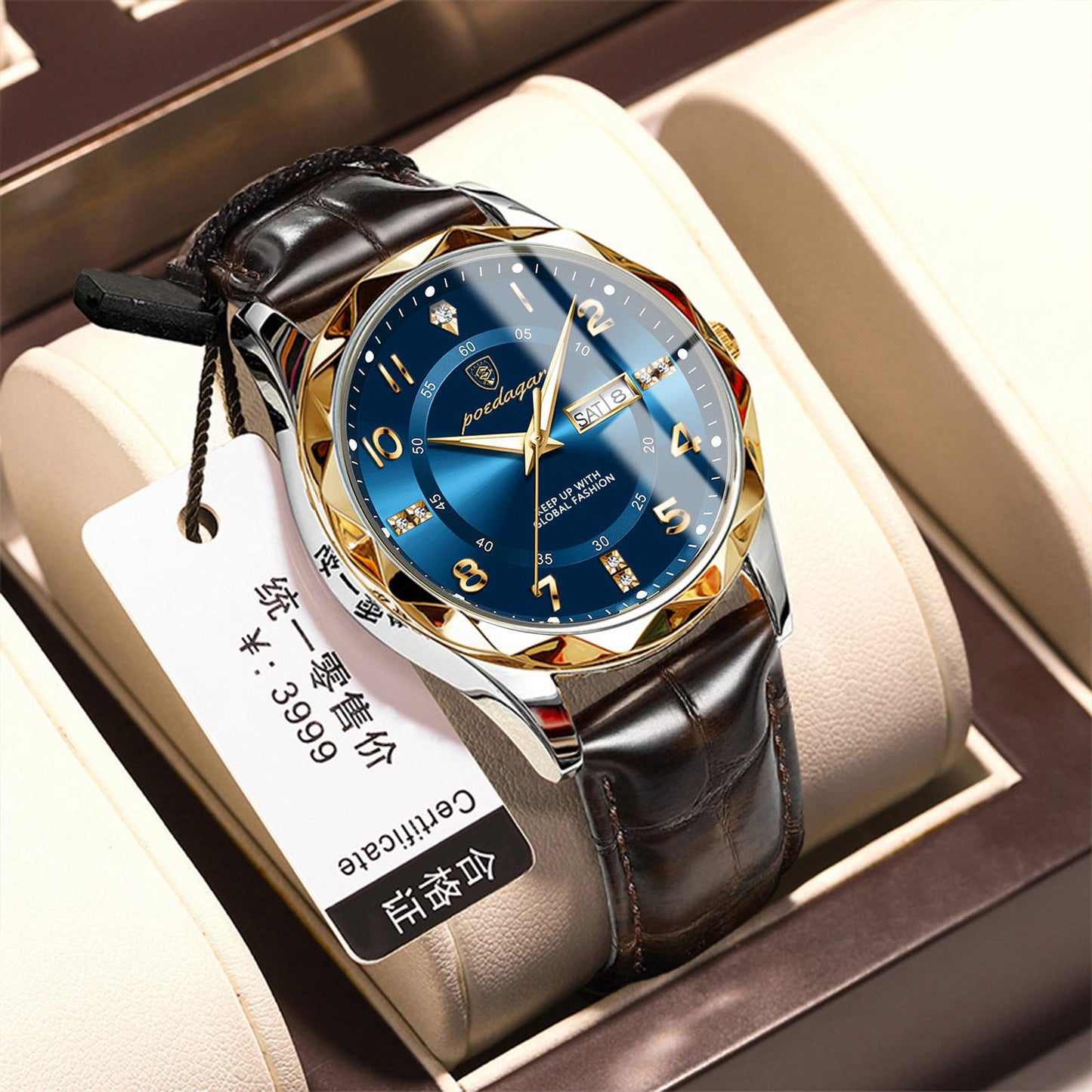 Men's luminous quartz wristwatch with blue dial and black leather strap, silver case