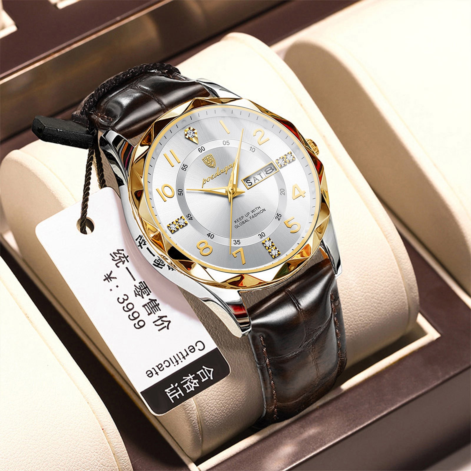 Men's luminous quartz wristwatch with white dial and black leather strap, silver case