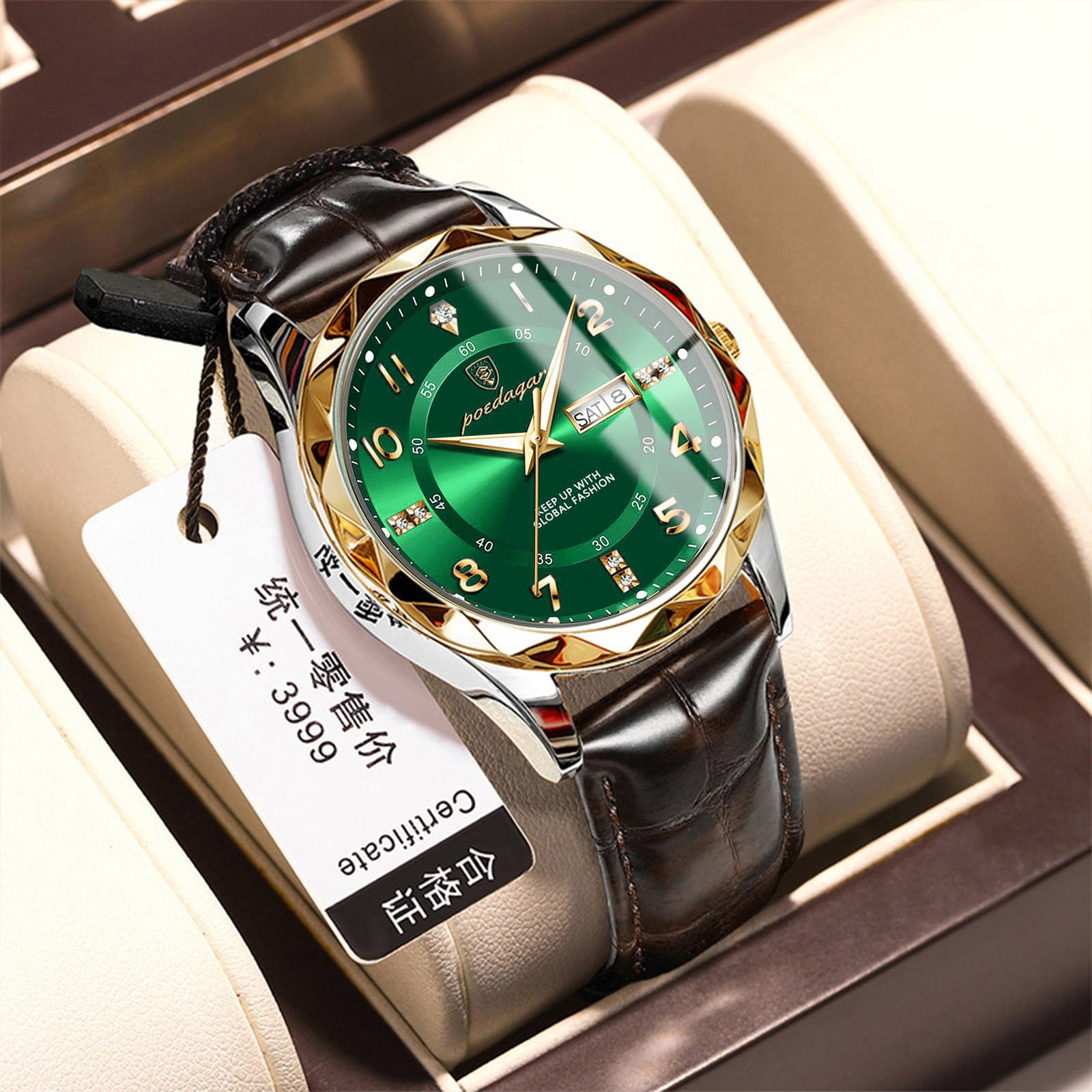 Men's luminous quartz wristwatch with green dial and black leather strap, silver case