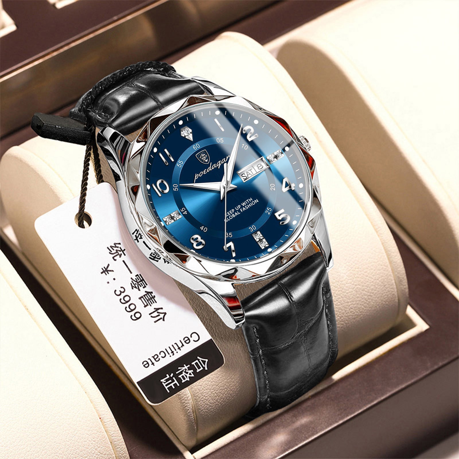 Men's luminous quartz wristwatch with blue dial and black leather strap, silver case