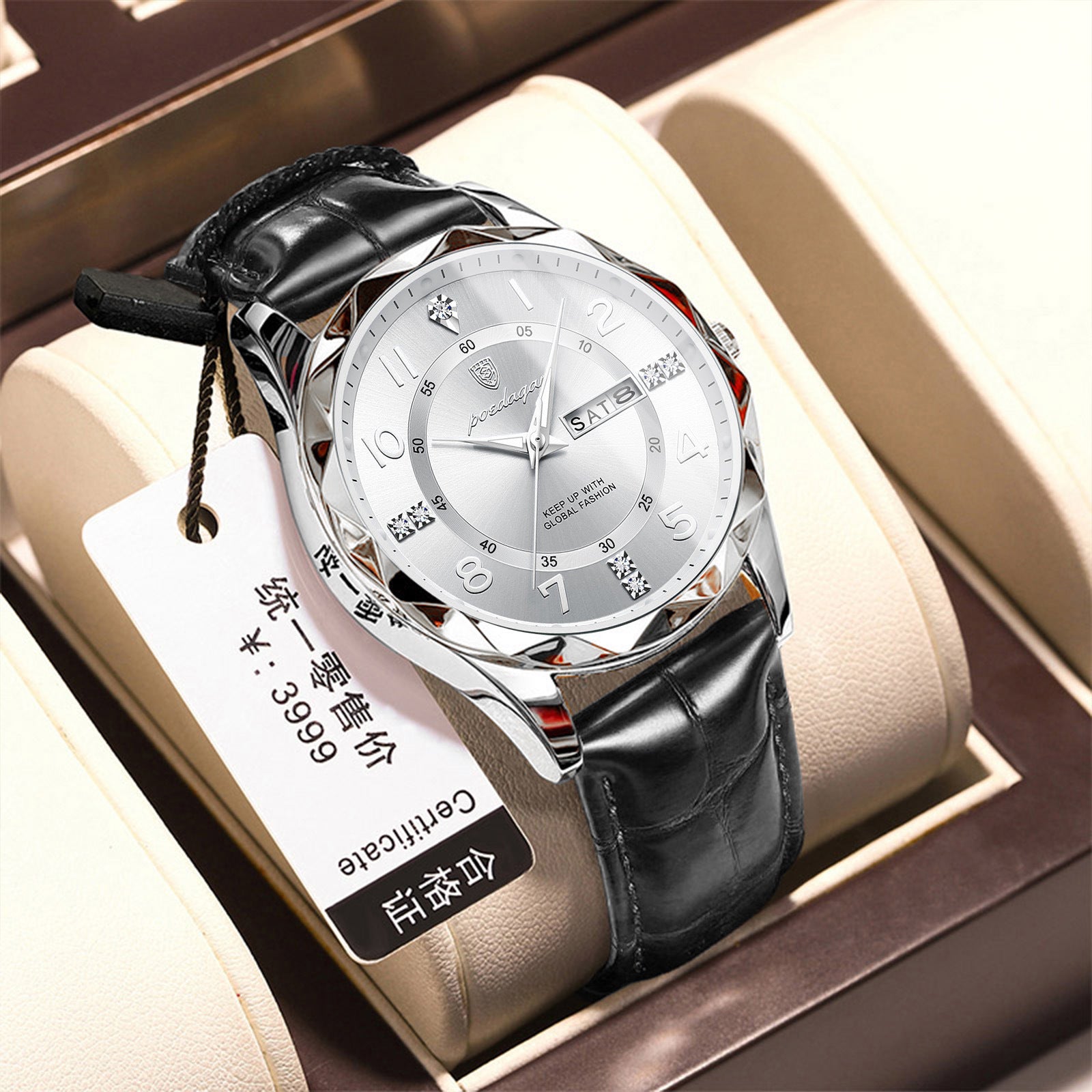 Men's luminous quartz wristwatch with silver dial and black leather strap, silver case