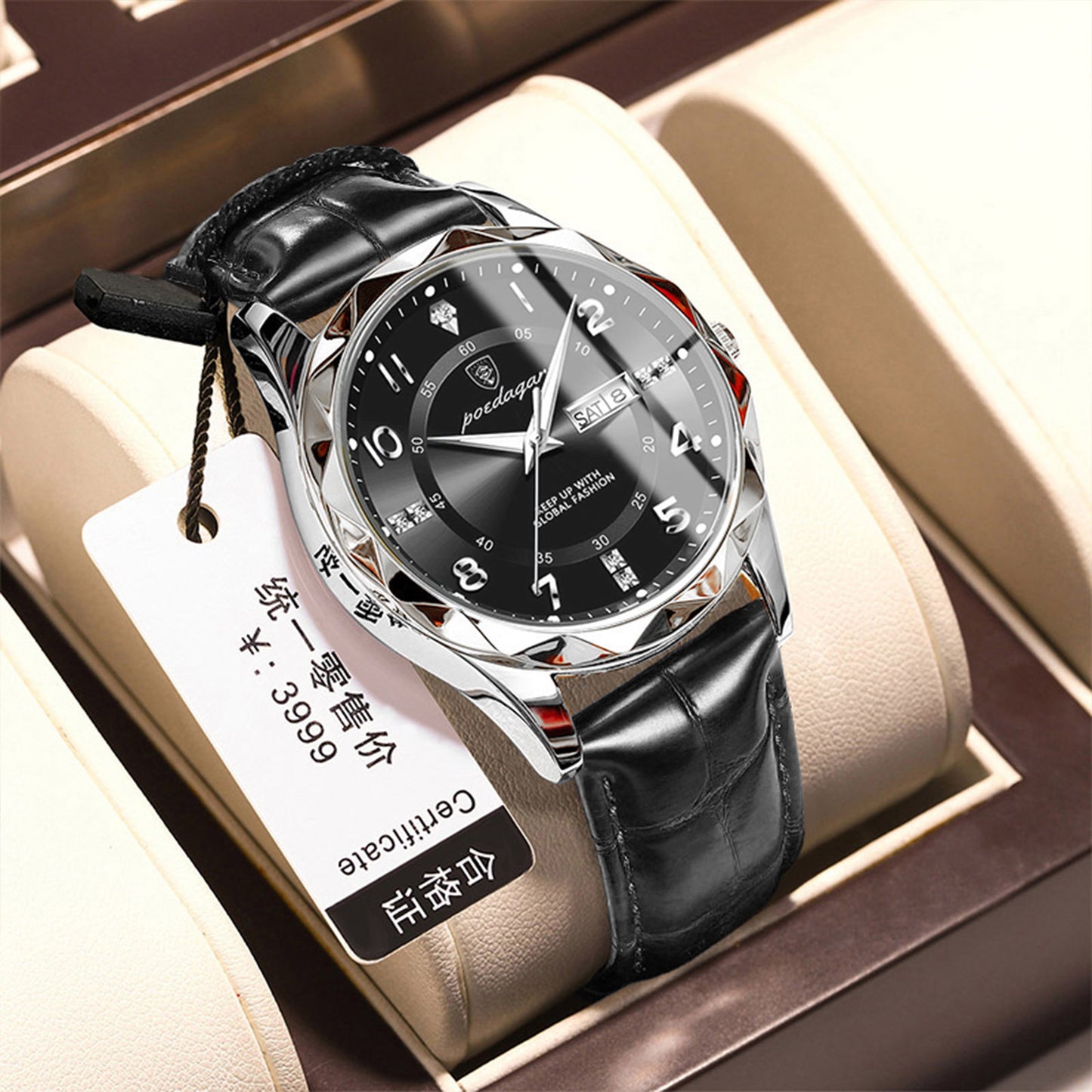 Men's luminous quartz wristwatch with black dial and black leather strap, silver case