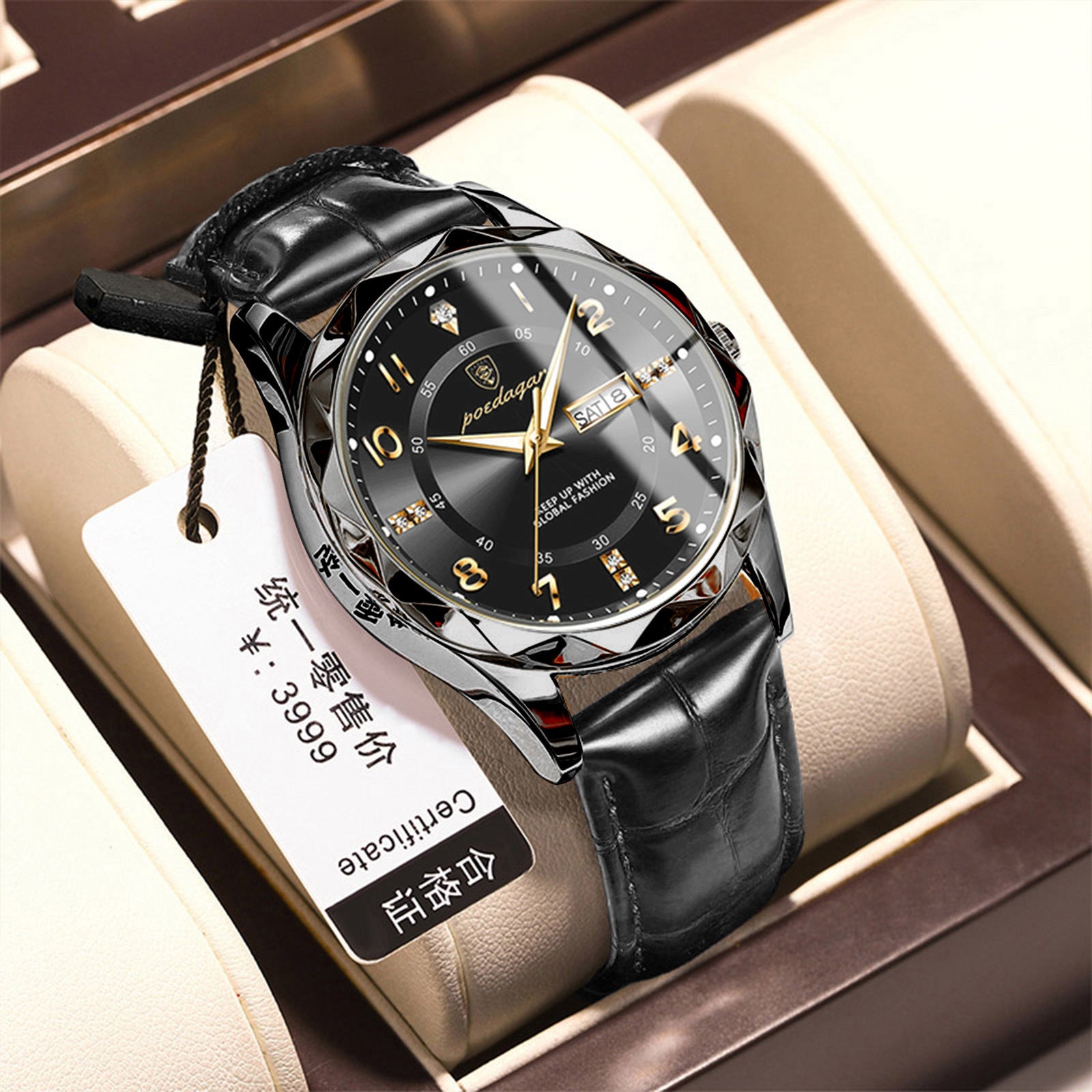 Men's luminous quartz wristwatch with dark dial and black leather strap, silver case