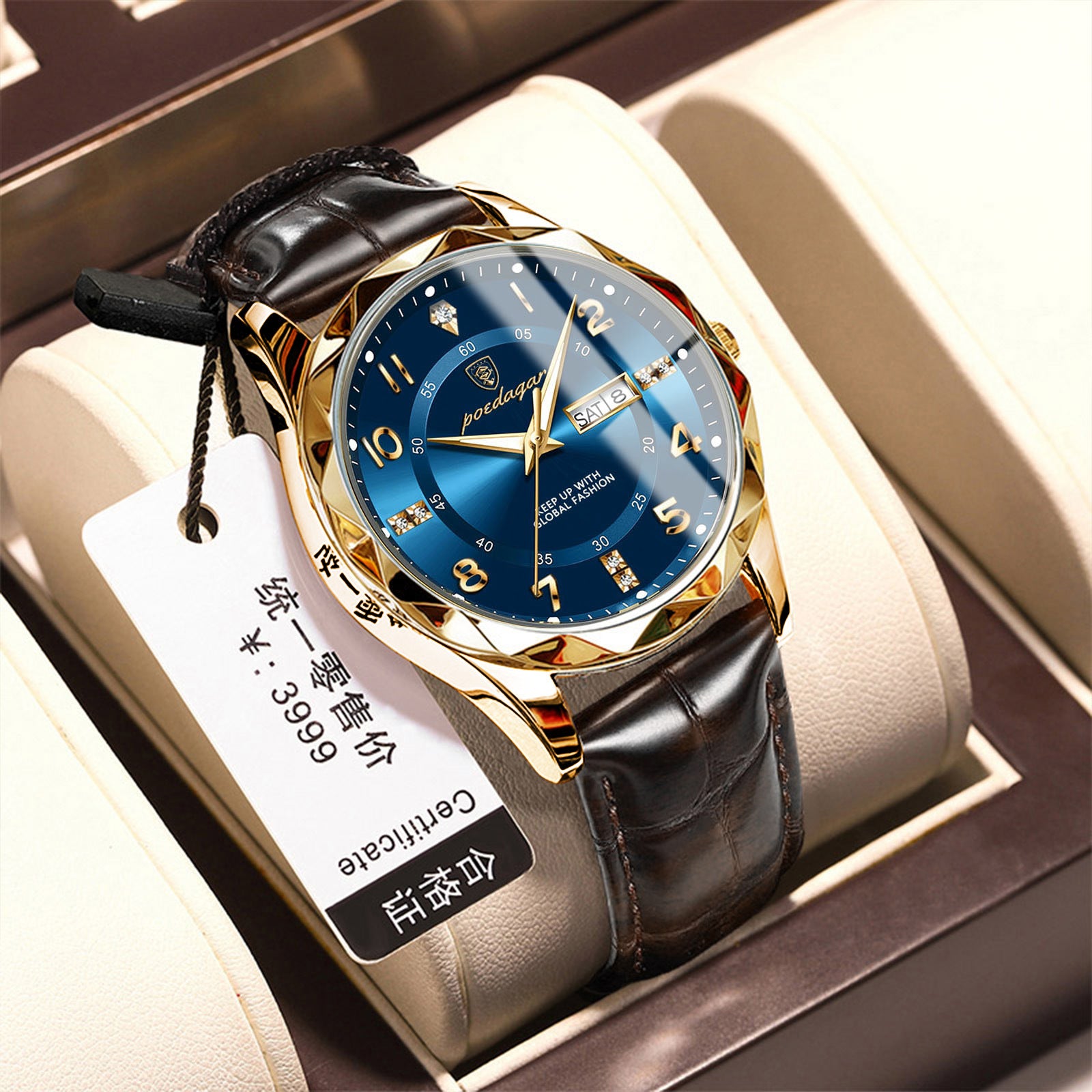 Men's quartz watch with gold case, blue dial, black leather strap, round chronograph face