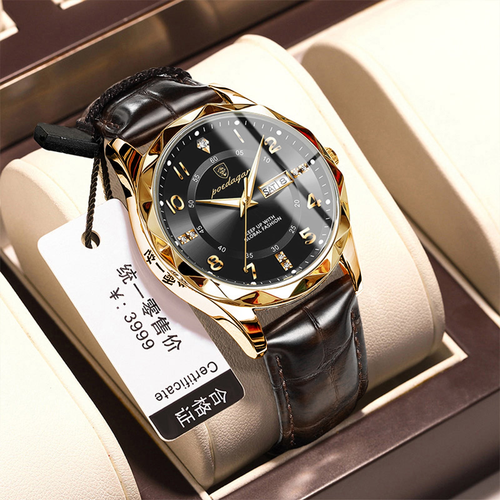 Men's quartz watch with silver case, black dial, black leather strap, round luminous face