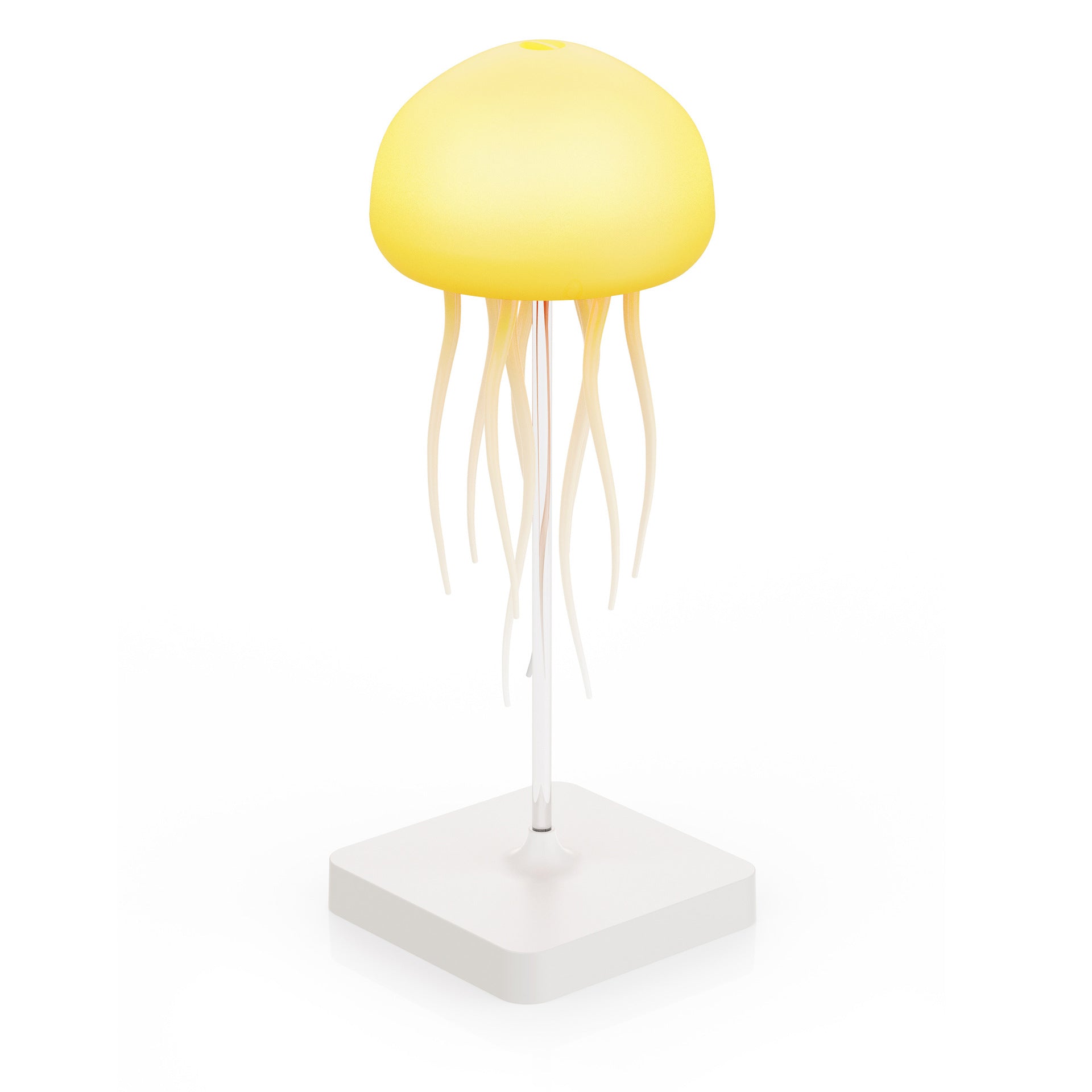 Yellow jellyfish mood lamp with glowing dome and translucent tentacles, square white base