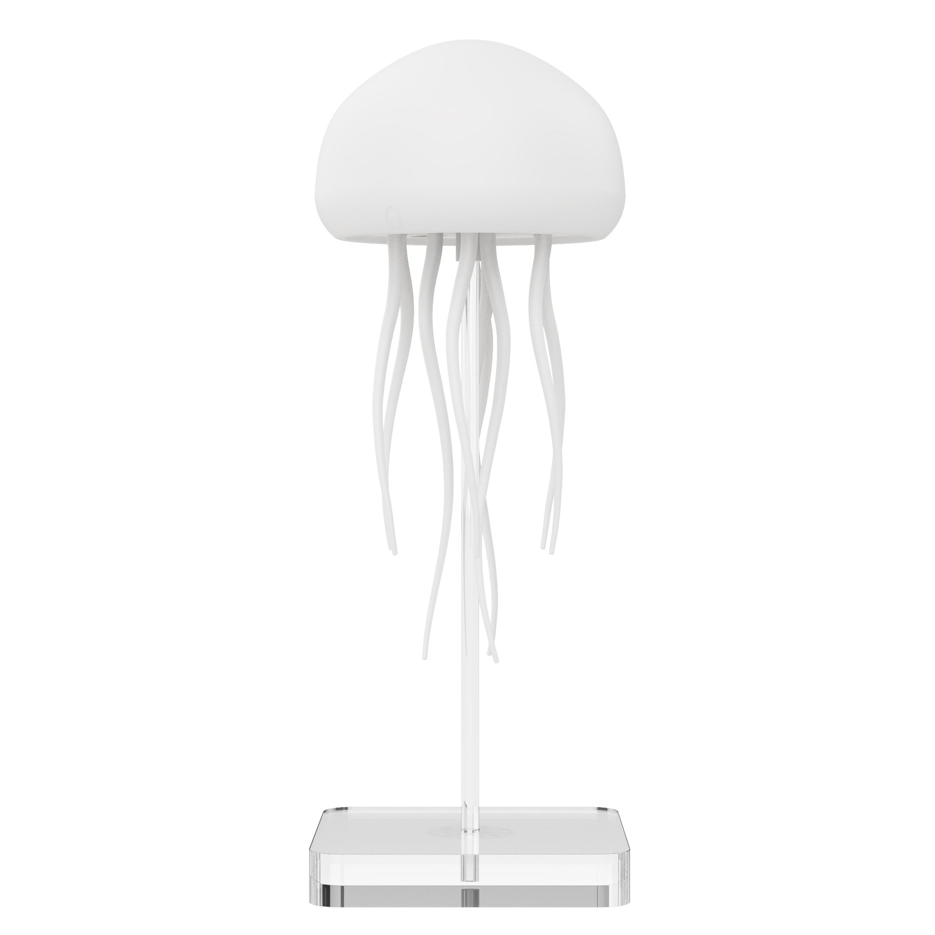 White jellyfish mood lamp with clear tentacles and chrome base
