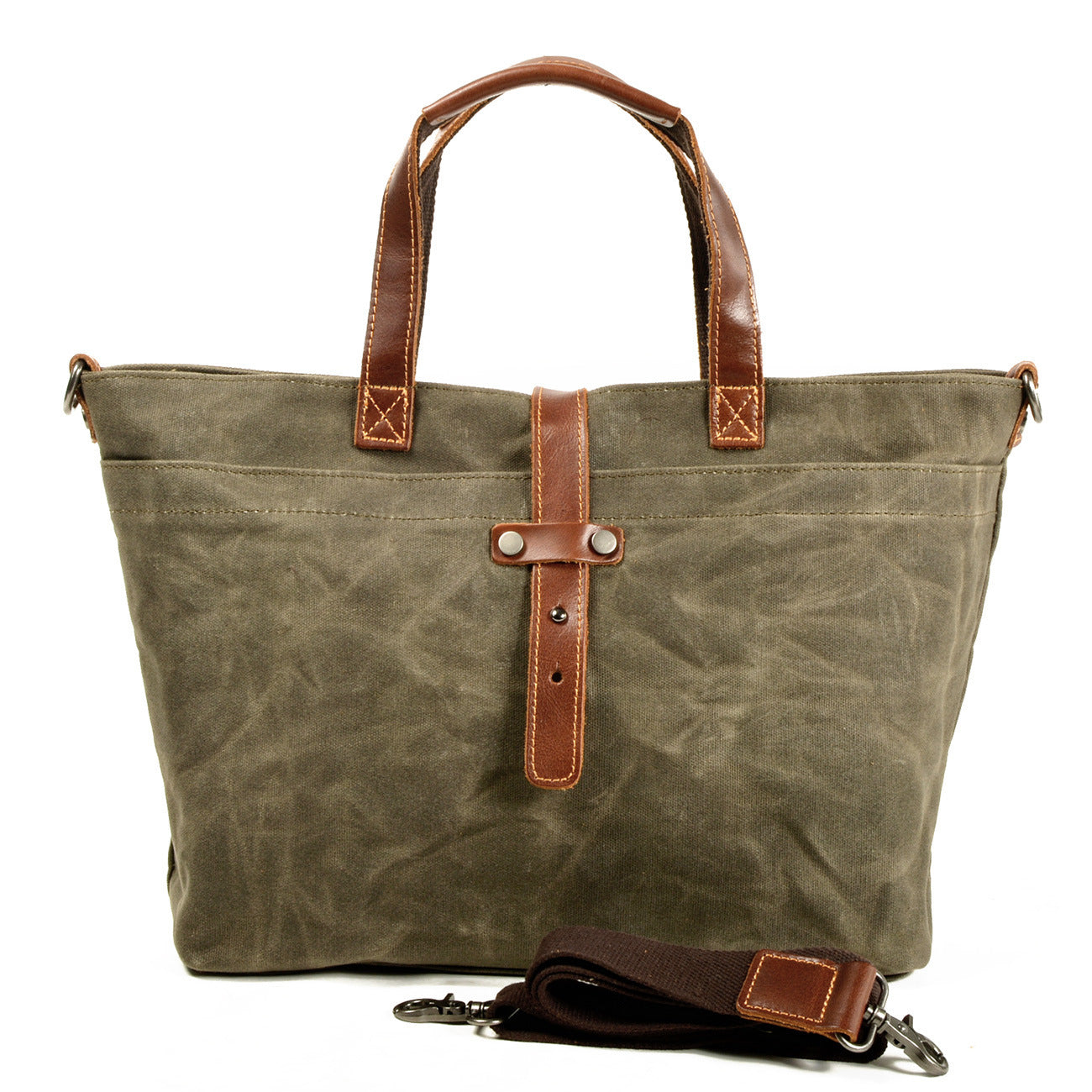 Large canvas tote bag in dark olive with leather handles, front strap detail, and key fob