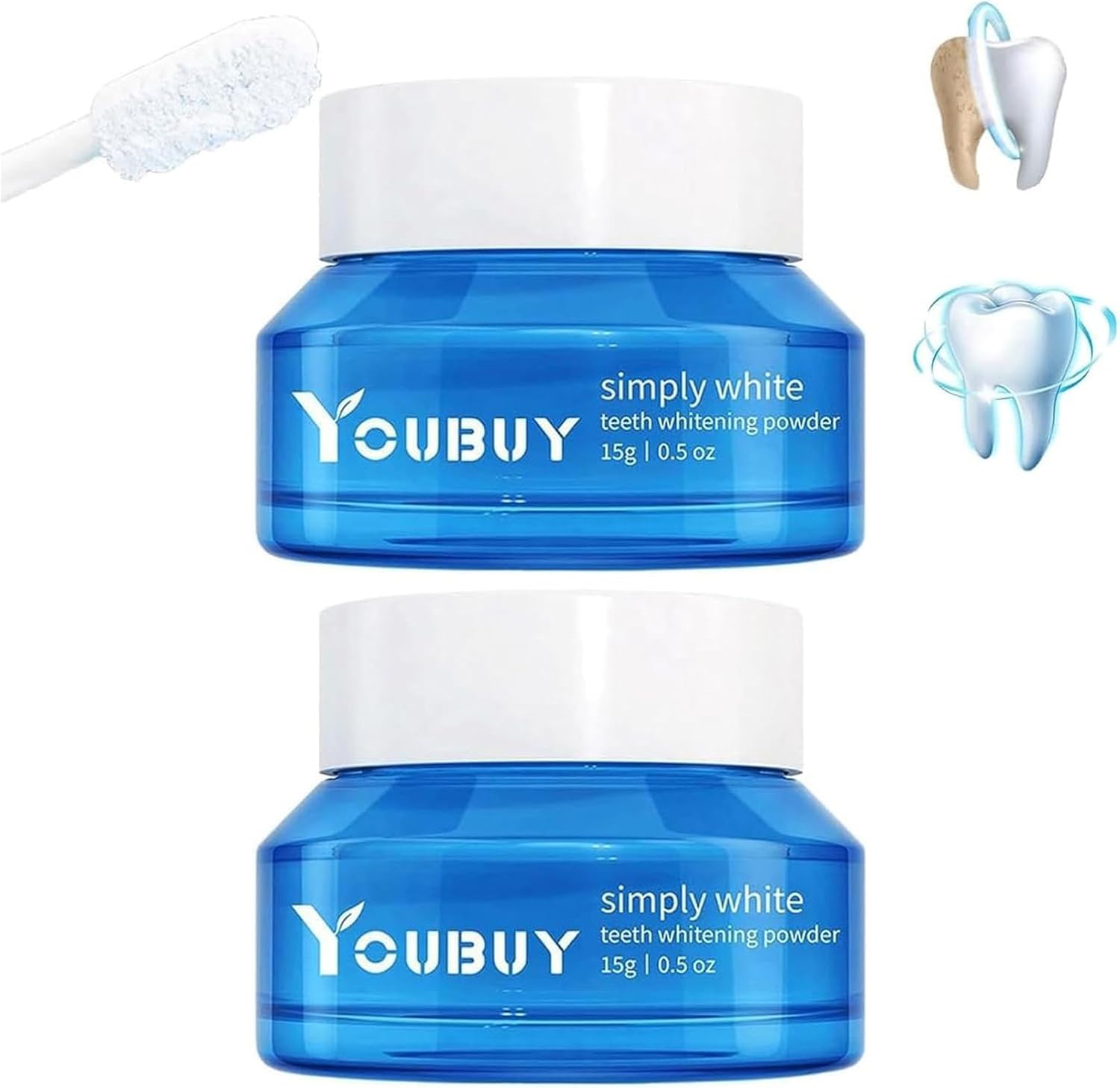 YouBUY simply white teeth whitening powder jars (2) with tooth applicator and powder scoop
